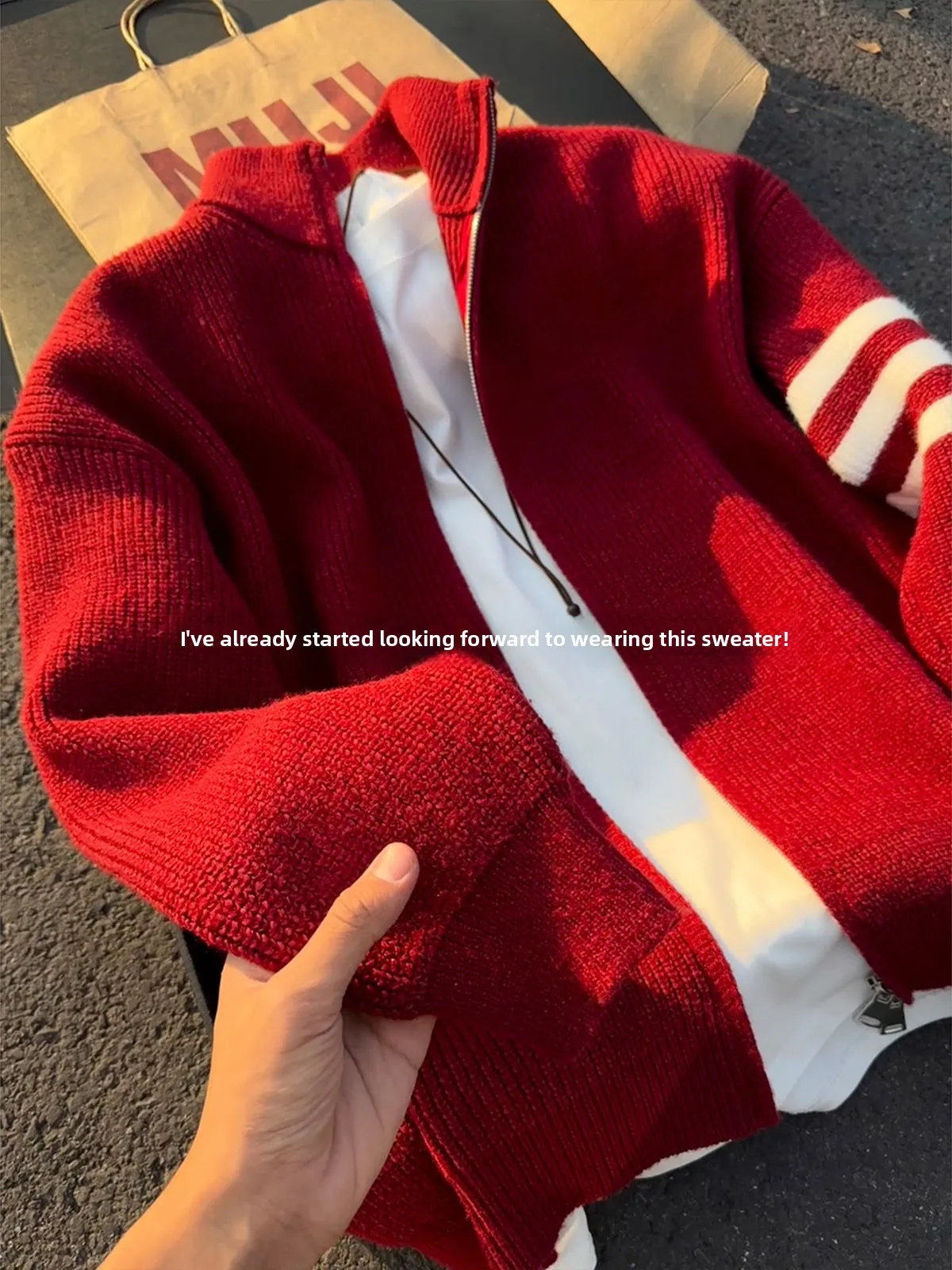 Red Three-Striped Zipper Stand Collar Knitted Sweater Coat for Men Loose Fit Casual Winter Outerwear Comfortable Long Sleeve