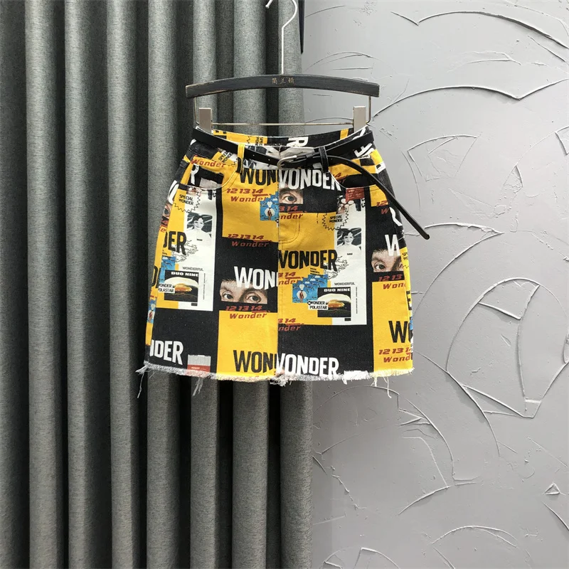 Spliced Fashion Print Denim Skirt Women Streetwear Loose High Waist Mini Skirt 2024 Summer Casual A-Line Jeans Skirts Female