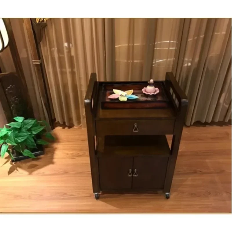 Retro solid wood beauty cart three-layer folio cabinet door with drawer embroidery nail tool cart multi-functional shelf
