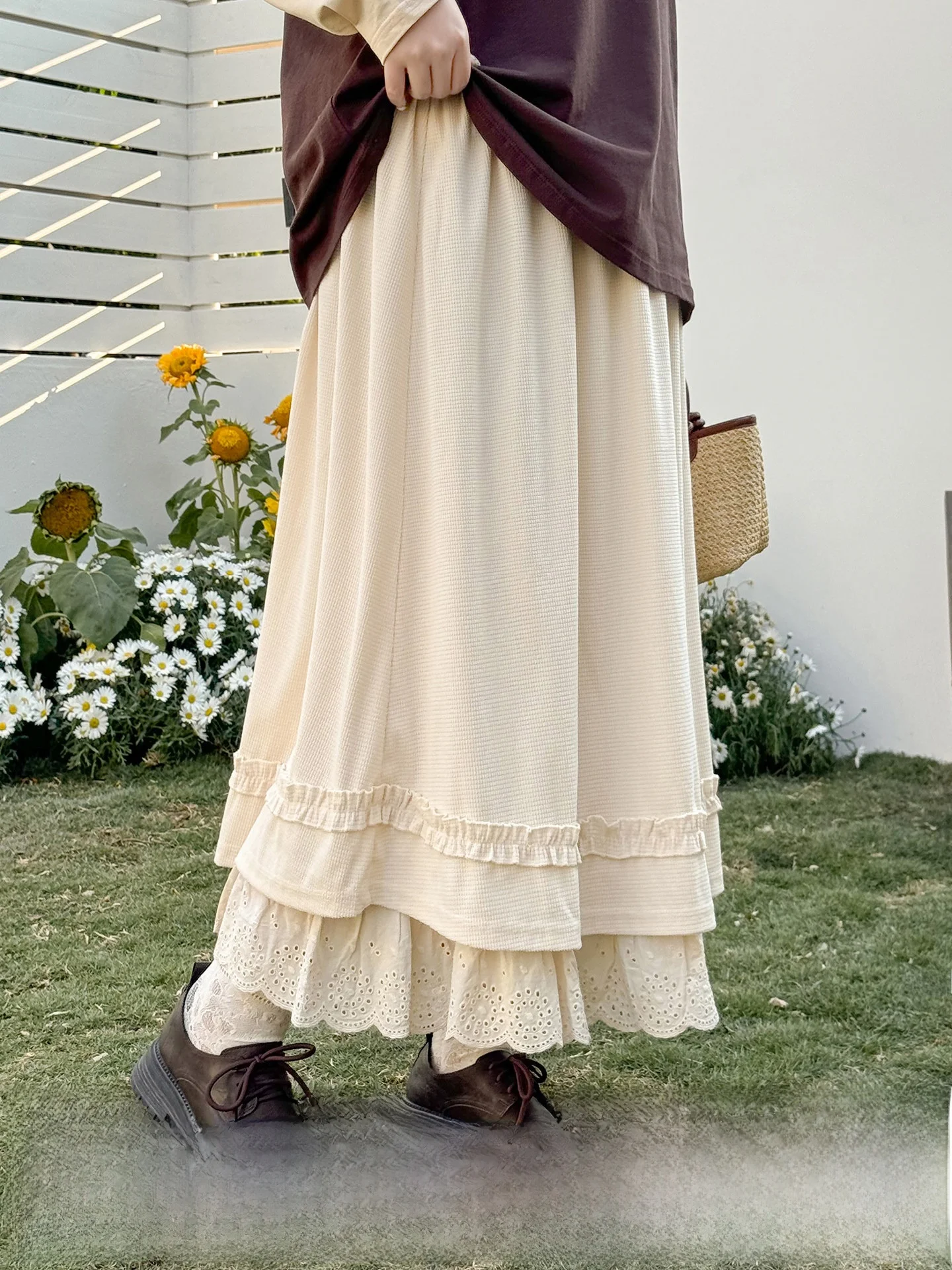 

Женская юбка больших размеров с кружевными вставками и деревянными элементами, летняя повседневная юбка А-силуэта с высокой талией в студенческом стиле