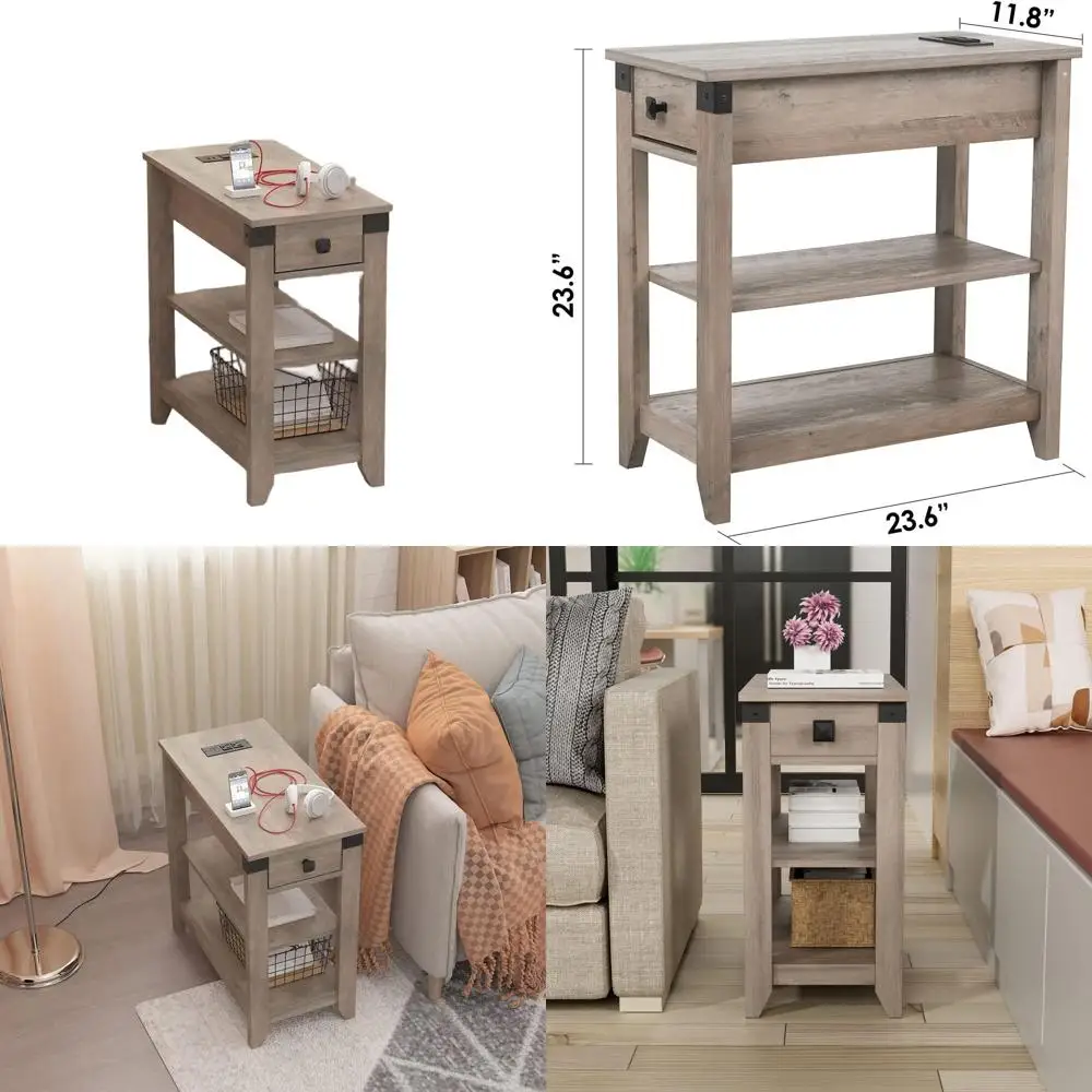 

Rustic Grey Slim Farmhouse End Table with USB Charging and Outlets for Small Spaces