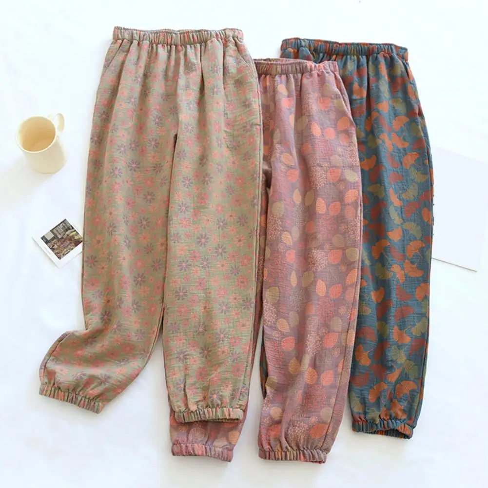 Women Pants Elastic Waistband Pockets Pajama Pants Loose Shrinkable Cuffs Women Floral Print Loose Fit Sleeping Pants