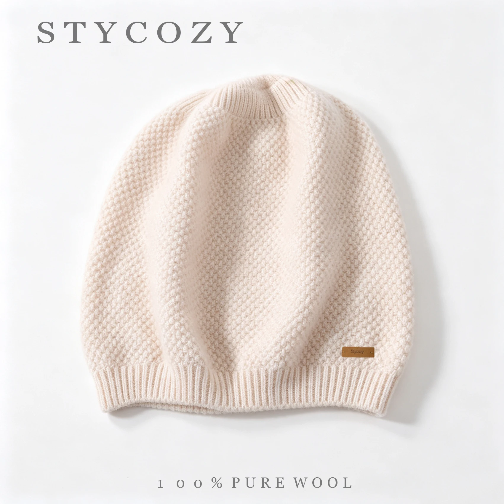 Women 100% Wool Honeycomb Seed‑Stitch Knit Beanie Hat Winter Warm Solid Minimalist Style Skullcap Men Stretchy Slouchy Cap