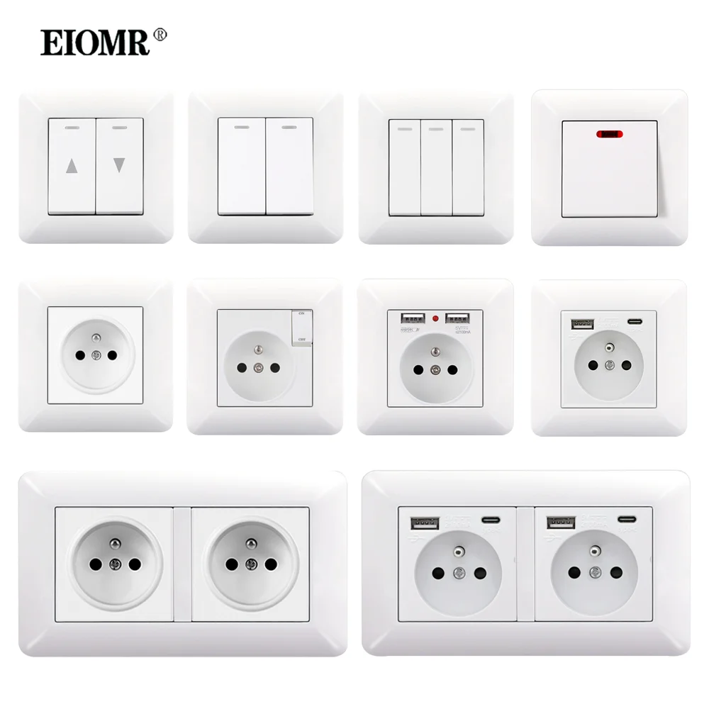 

EIOMR France Standard Wall Power Socket,White High Quality Curved Panel, with USB Type C Charging Port 5V 2.1A Electrical Outlet