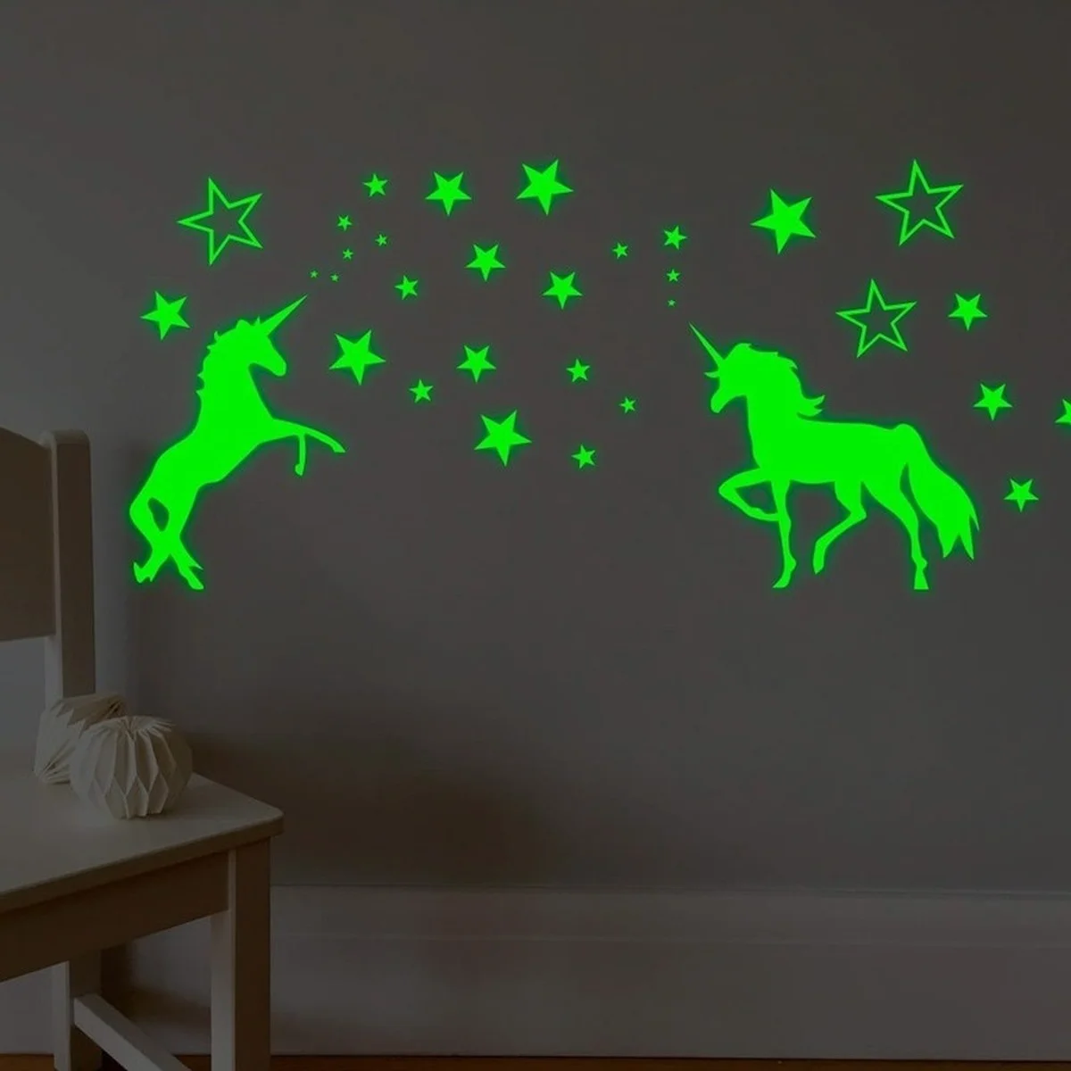 Pegatinas de pared luminosas que brillan en la oscuridad, estrellas, unicornios, fluorescentes, para techo, fiesta en casa, decoración de habitación