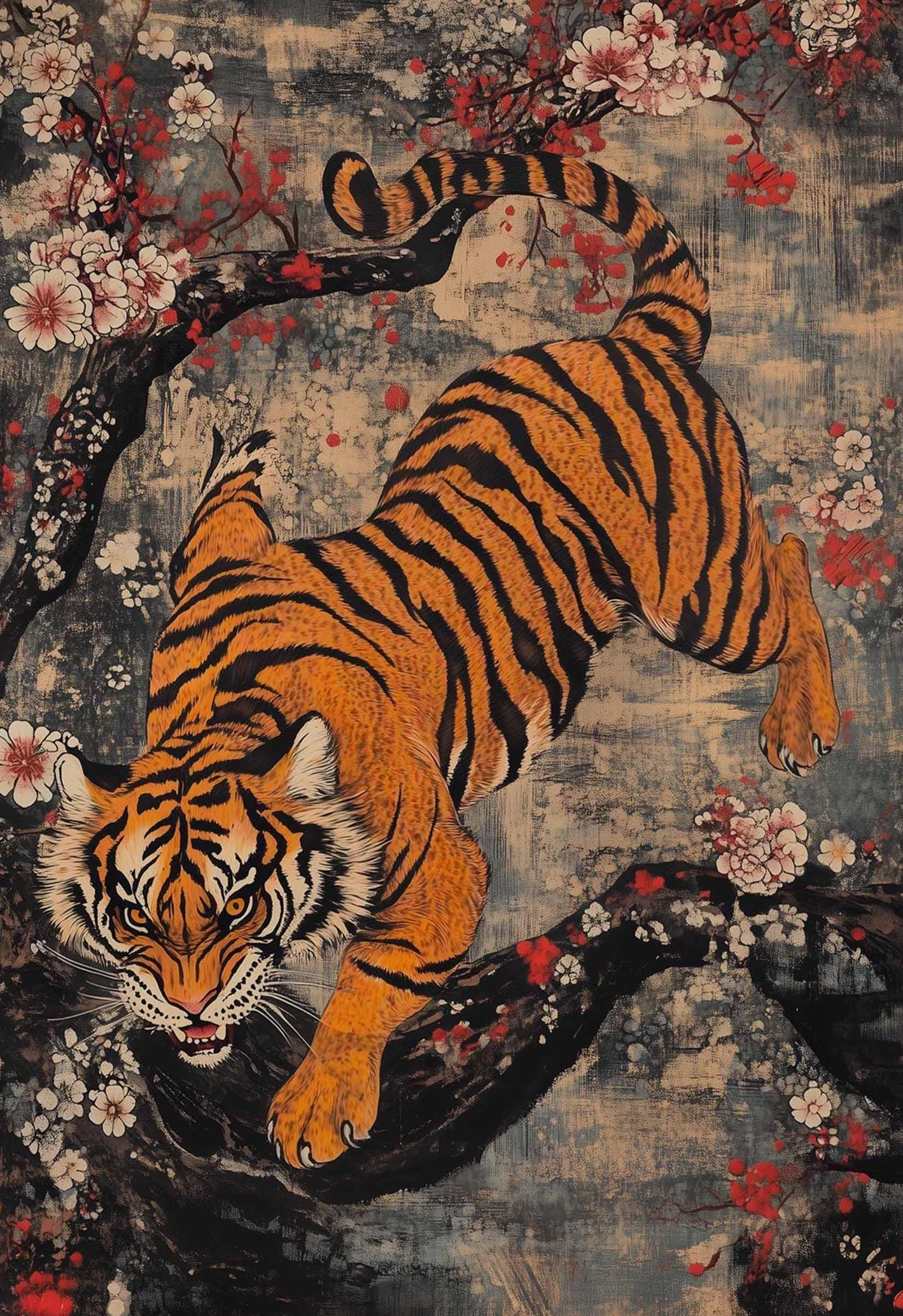 Japanese Forest Wildlife Fierce Tiger Retro Illustration Posters