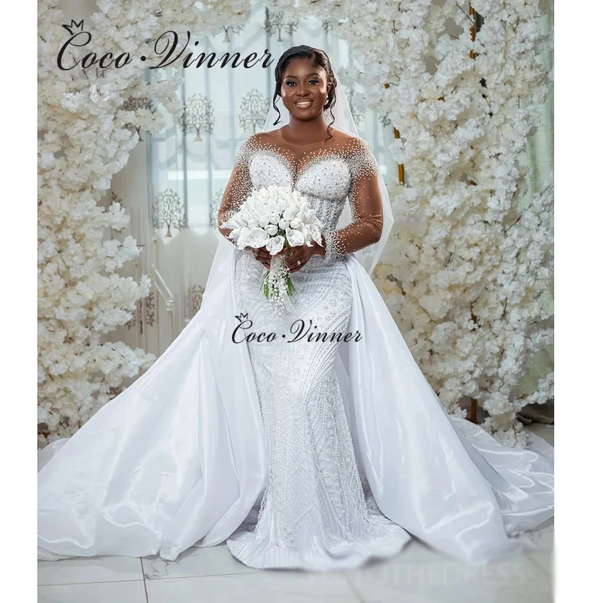 맞춤형 럭셔리 비딩 2 IN 1 웨딩 드레스 여성용 2026 신상 크리스탈 비즈 인어 웨딩 드레스 탈부착 가능한 스커트 W1503