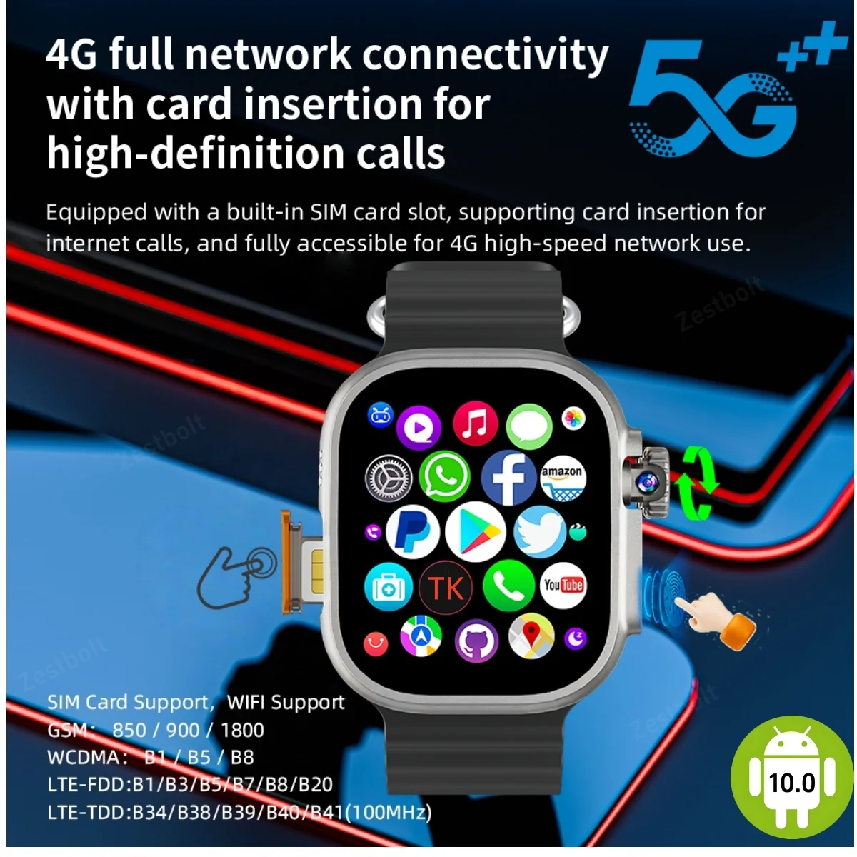 

DW100 Pro Smartwatch Smart Watches 4G WIFI Cellular Version With Roatry Camera Fingerprint unlock touch Sim Card Slot Video Call