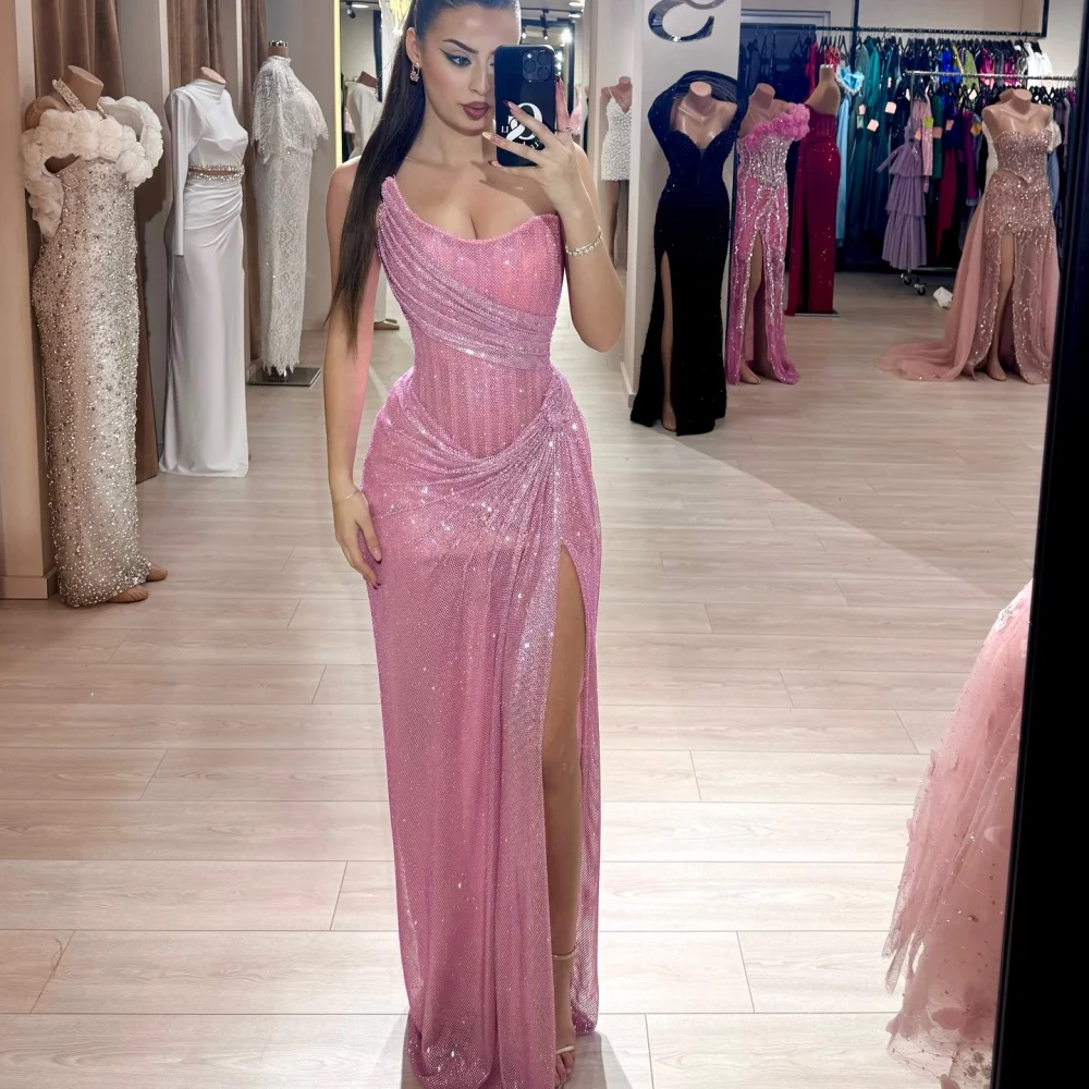 Bella Customized Pink Sequin Side Slit robes de soirée Strapless Backless Sleeveless Party Dresses Floor-Length Prom Dress 2025 image 4