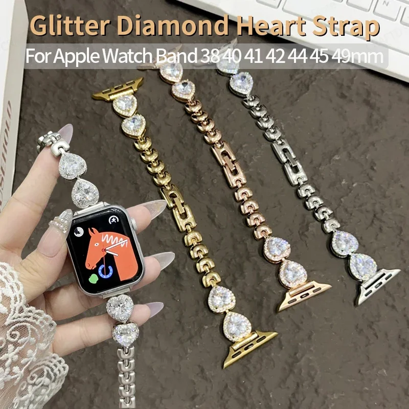 

Glitter Diamond Heart Strap for Apple Watch Band Ultra 2 49mm 45mm 41mm 40mm 44mm Women Bracelet for IWatch 9/8/7/6/5/4/3 Correa