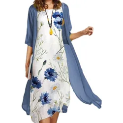 2024 Europe and the United States summer new women's casual dress two-piece set of printed round neck slim dress women