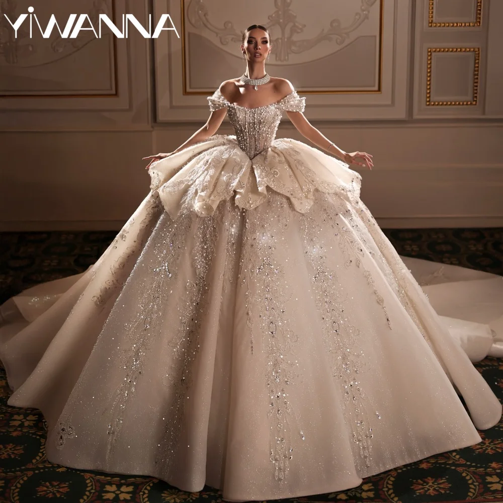 Princess Luxurious Beaded Appliques Wedding Dress Off Shoulder Dazzling Bridal Gown 2026 Customized Strapless Dresses For Bride