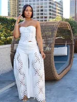 Female Clothing Elegant Sets V Neck Lace Sexy Strapless Crop Top and Wide Leg Pants Set Women Hollow Out Summer Two Piece Set - Image 2