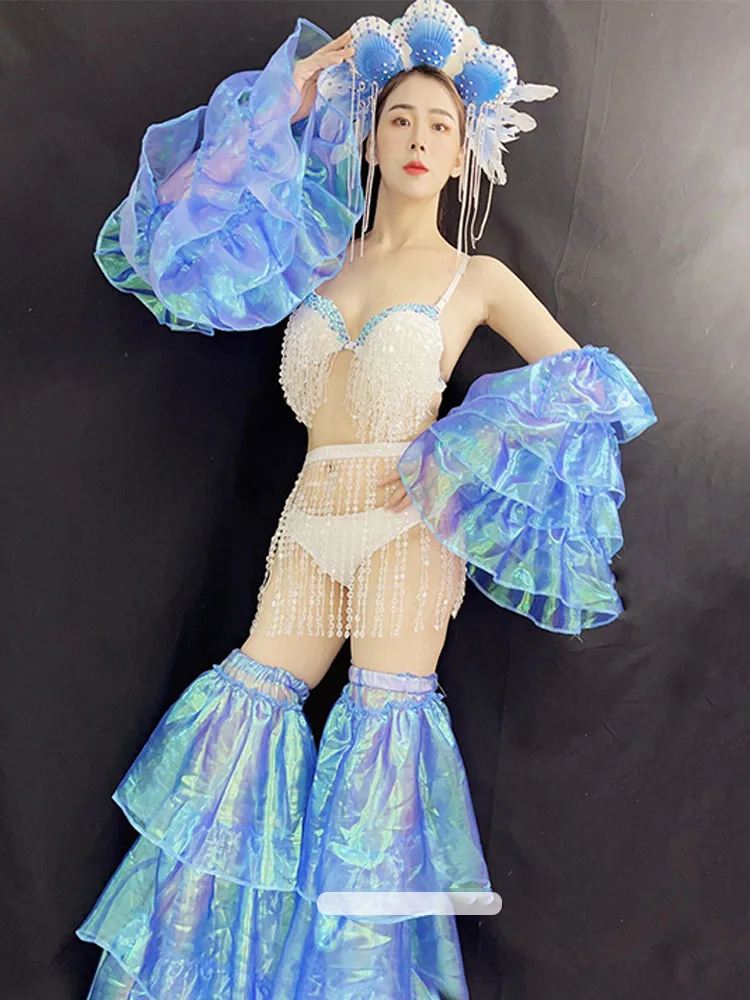 Traje de Drag Queen, traje azul para actuación en escenario, Gogo, club nocturno, fiesta, espectáculo, ropa Rave, Bikini de concha Sexy, Cosplay de sirena 4126