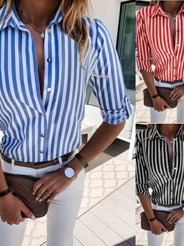 Casual Striped Printed Women's irt Button Color Blo Ladies Casual Blouse Autumn Long Sve Polyester Slim Fit Faion