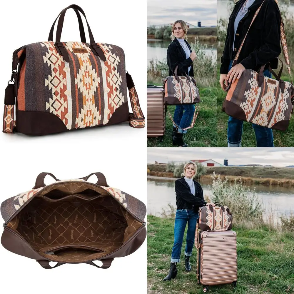 

Aztec-Patterned Women's Duffel Bag for Weekend Travel and Western Style, Coffee Color