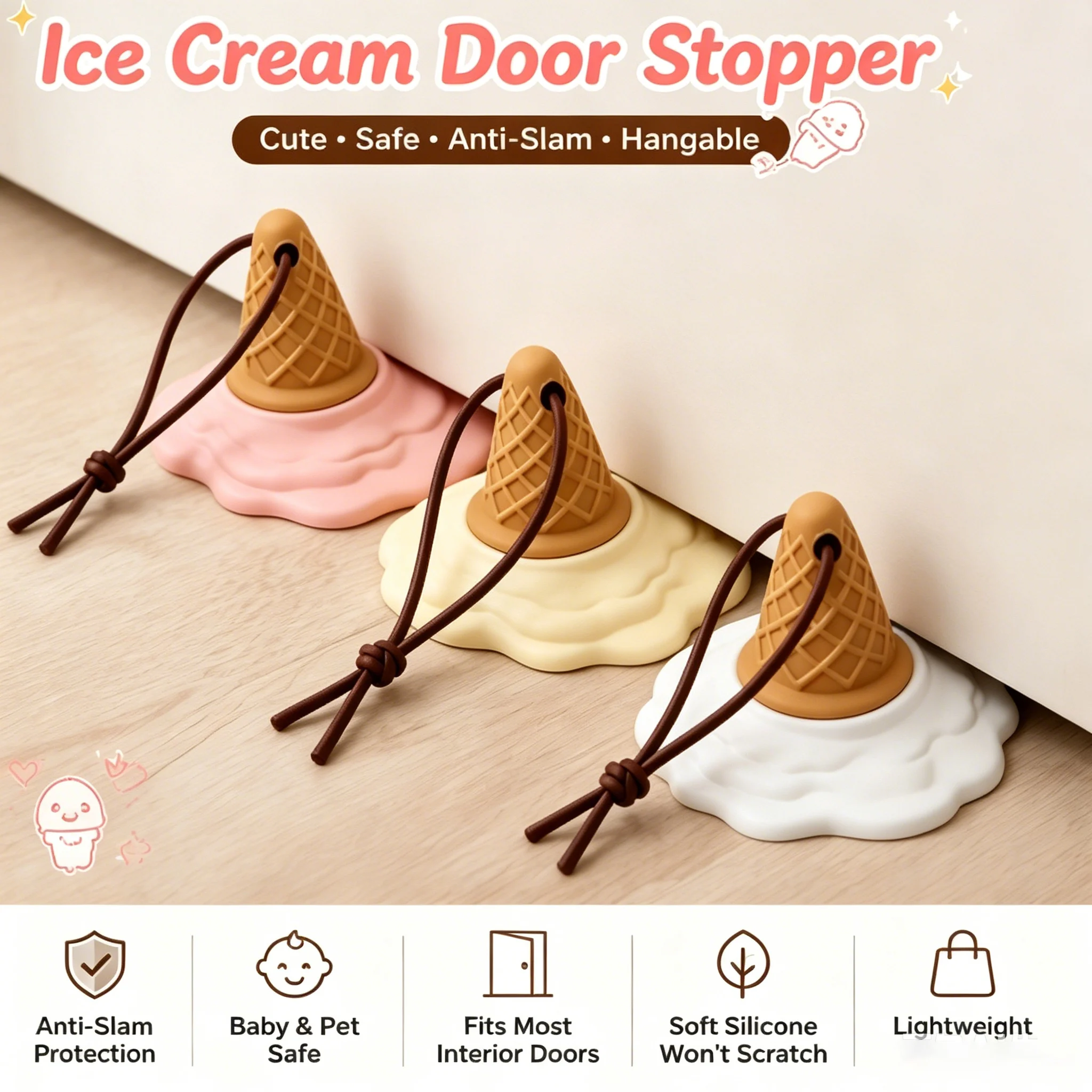 Suction Cup Door Stopper Creative Ice Cream Door Stopper Detachable Hangable Anti Collision Pad Home Door Handle Protector