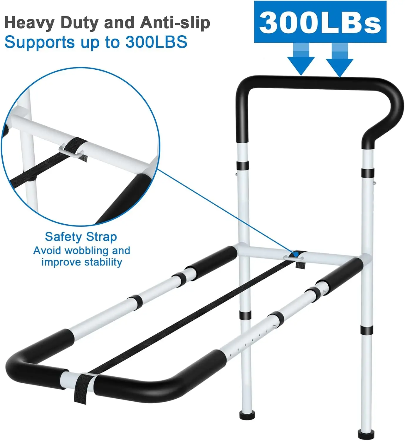 Verstelbare bedstok met antislip ergonomische handgreep en opbergvak, stabiele bedsteunrails voor senioren, geschikt voor maximaal 300 lbs,