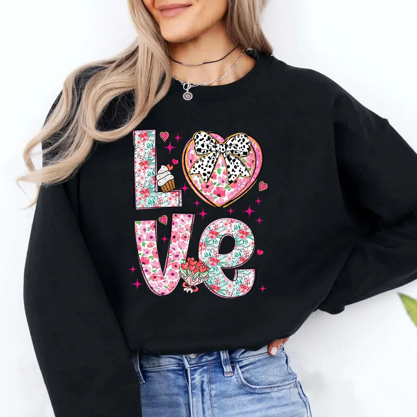 Floral Valentine Sweatshirt Round Neck Sweatshirt Christian Gifts Retro Bouquet Of Flowers Love Valentine's Day Cartoon