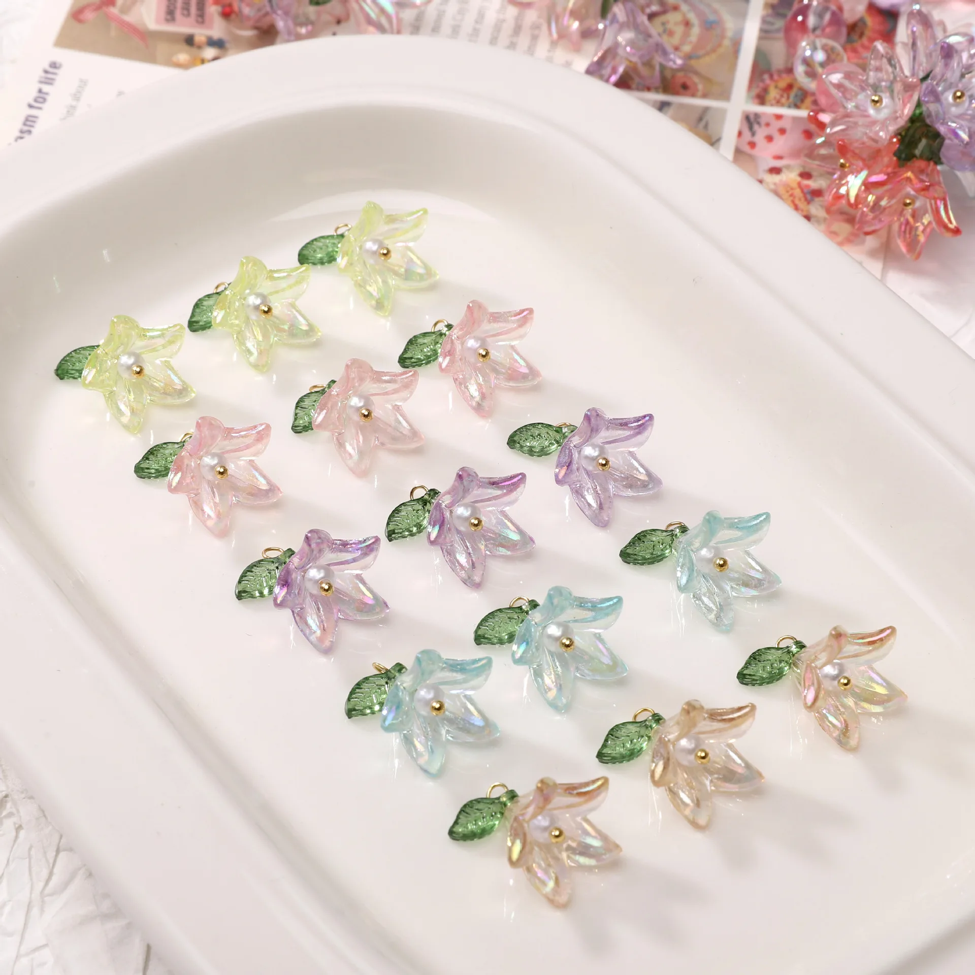 10pcs Colorful 16x17mm Acrylic Lily Flower Imitation Pearl Charms Pendant For Bracelet Earrings DIY Jewelry Making Accessories