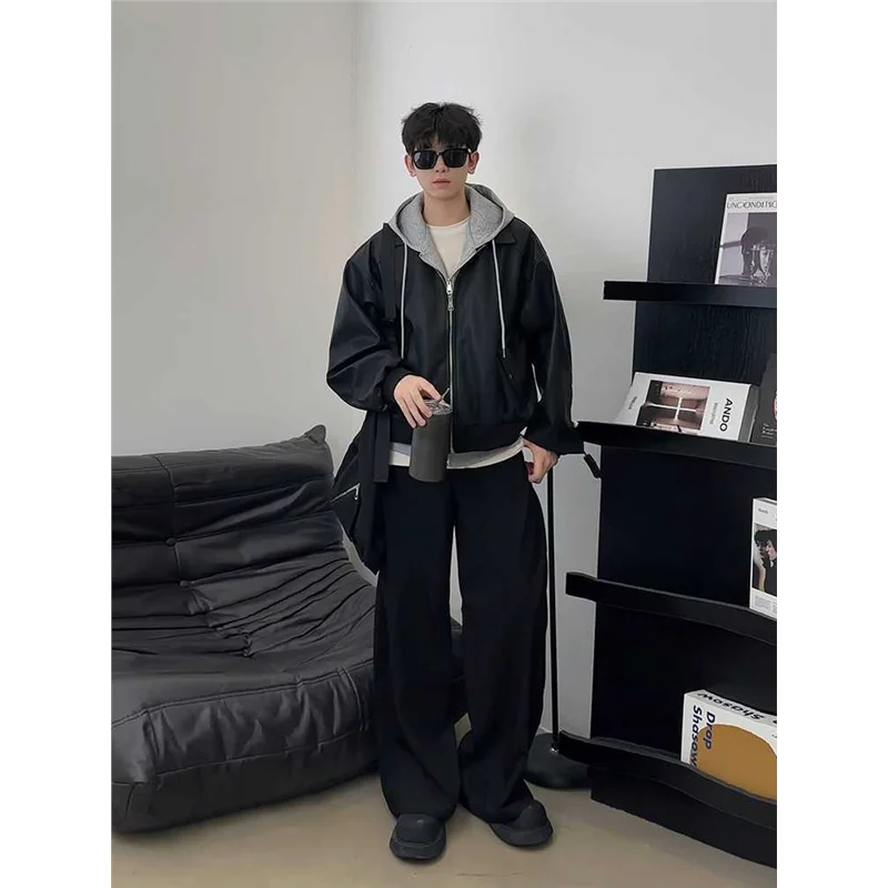 

Ретро-американская толстовка свободного кроя с вставками из искусственной кожи, мужская демисезонная модная брендовая мотоциклетная куртка, верхняя одежда