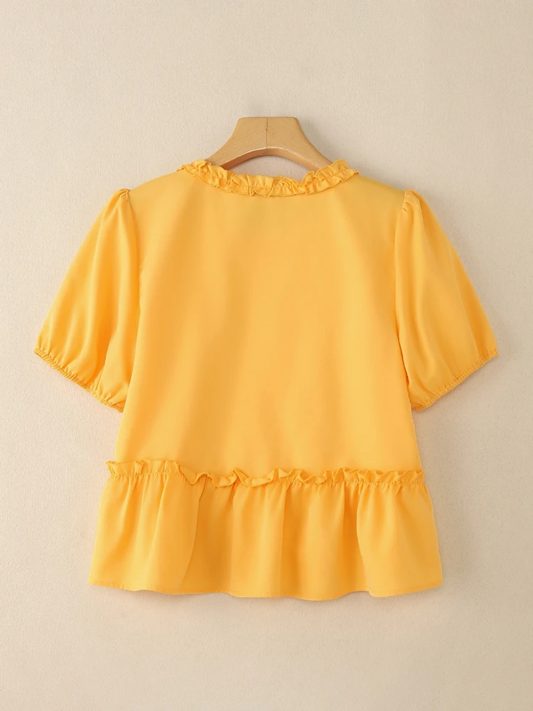 ZANZEA Elegant Ruffled Work Shirt 2025 Summer Blouse Women Short Sleeve Buttons Tops Casual Solid Holiday Shirts Mujer Oversize