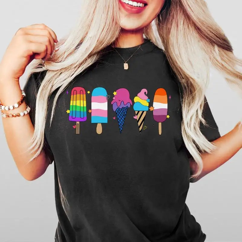 

Women's LGBTQ+ Pride Ice Cream T-Shirt | Rainbow Flag Popsicle Graphic Tee | Transgender Ally Bisexual Lesbian Gift Top