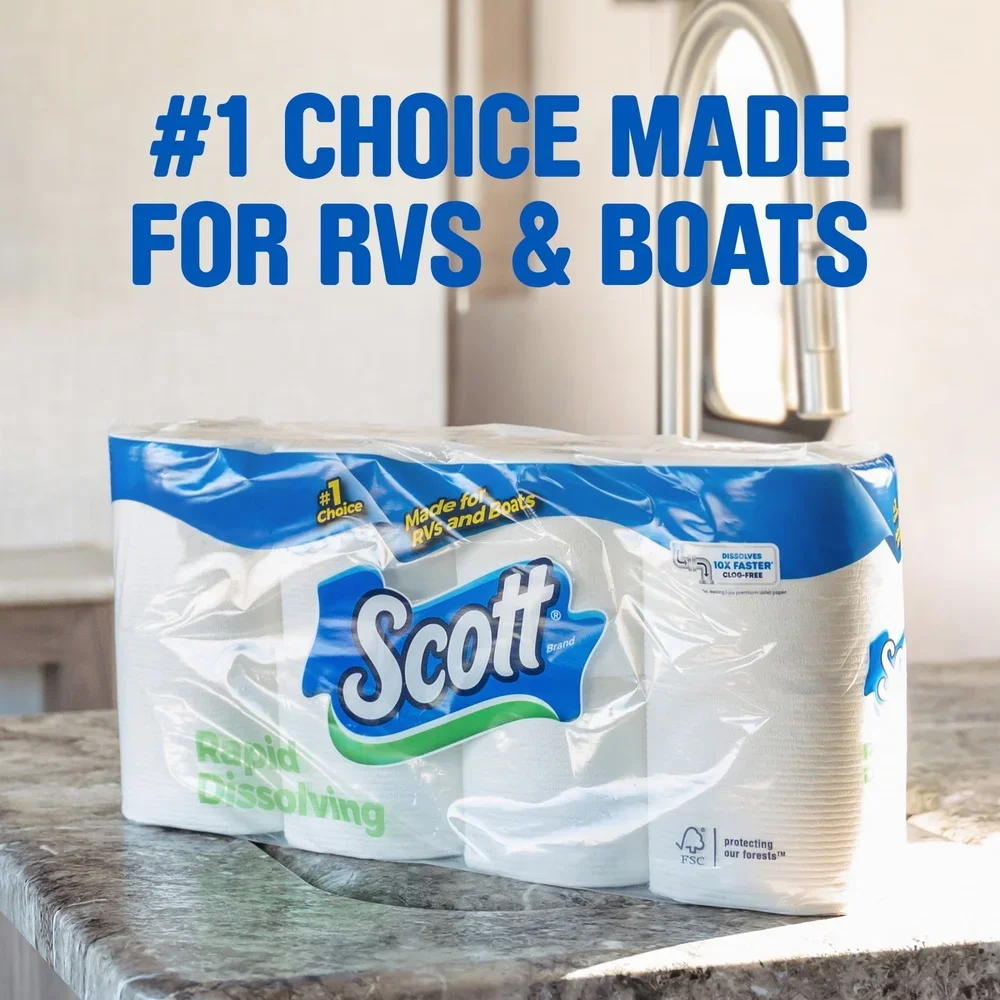 Rapid Dissolving Toilet Paper RVs Boats Septic Safe Clog Free 1 Ply 8 Double Rolls Unscented 1848 Sheets Perforated
