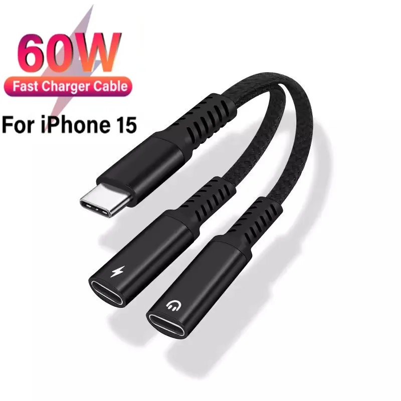 

60W PD Fast Charging Audio Charging Adapter Dual USB C Headphone Audio Splitter Converter For iphone 15 Samsung S22 huawei