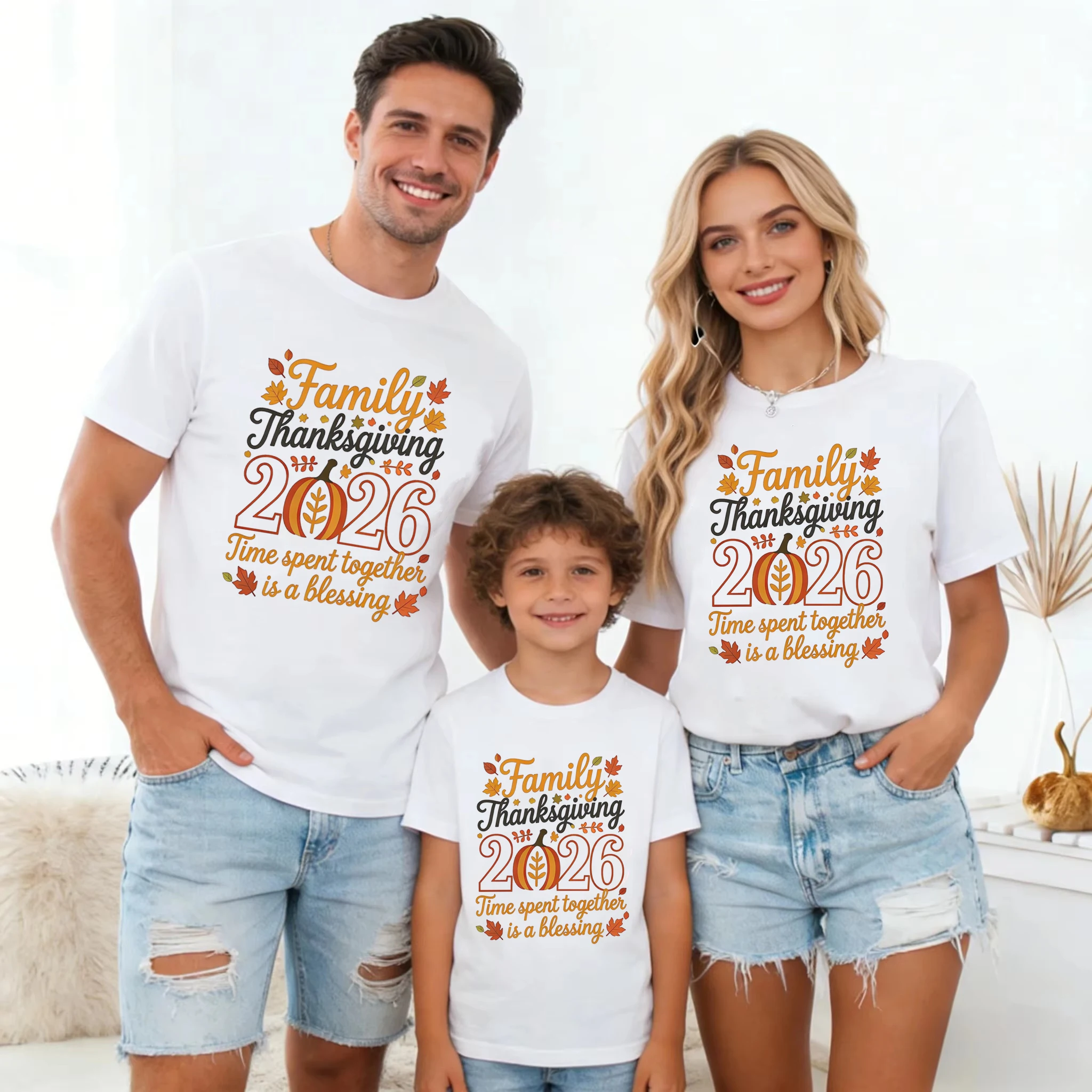 2026 Family Thanksgiving Printed T Shirt Famliy Matching Dad Mom Son Daughter T-Shirt Summer Short Sleeve T-Shirt Tops