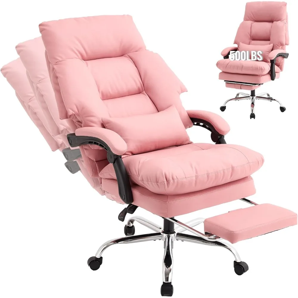 

Pink Office Chair with Footrest 500lbs,Reclining Leather Computer Chair for Heavy People, Big and Tall Comfy Executive Desk Chai