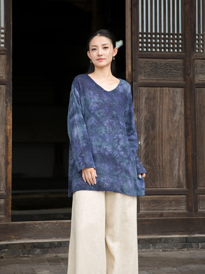 綿麻タイダイチュニックブラウス レディース エステティックプルオーバーシャツ ブルー