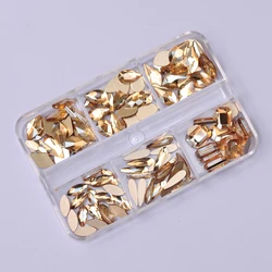 6 Grids 120pcs Mixed Shapes Golden Shadow Nail Rhinestones Nail Charms Accessories Flat Bottom DIY Nails Art 3D Decoration