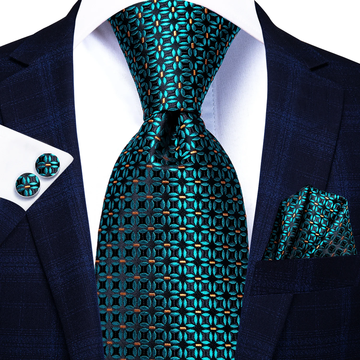 Hi-Tie Teal Blue Dot Striped Design Silk Wedding Nicktie For Men Hanky Cufflink Gift Mens Tie Set Business Party Dropshipping