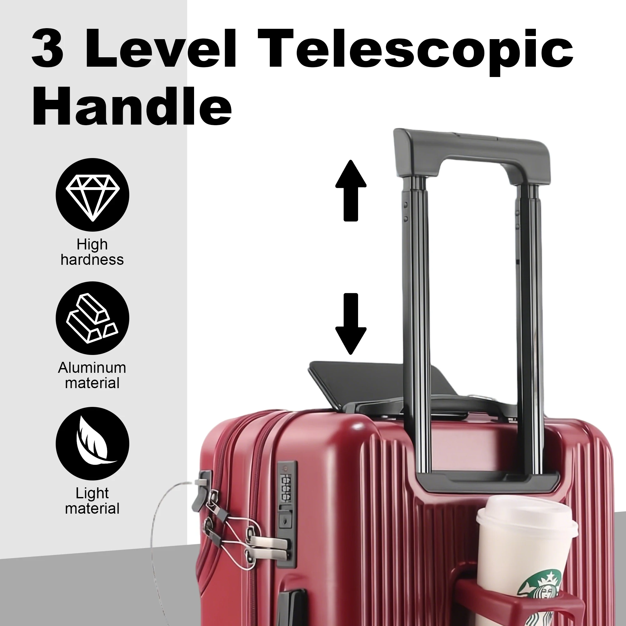 

20in carry on luggage+luggage Bag Set, with cup holder and charger, with 360°Spinner Wheels TSA Lock and Adjustable Telescopic H