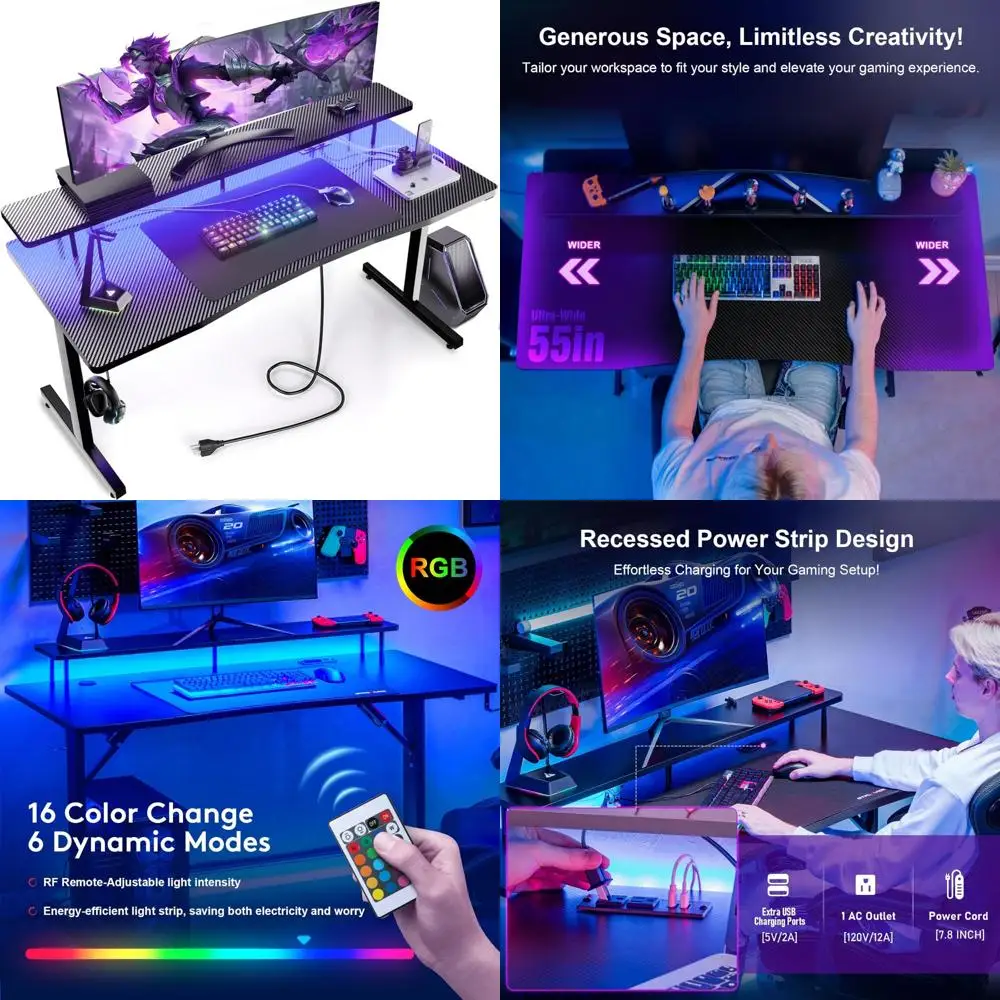 

55 Inch Ergonomic Gaming Desk with Carbon Fiber Surface, Monitor Stand, and Power Outlet for Gamers