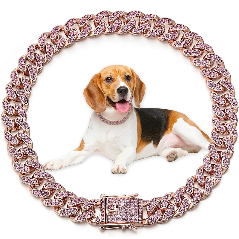 

13MM Pink Diamond Personalized Dog Collars for Small Medium Dogs Cat Gold Chain Cuban Collar with Design Secure Buckle