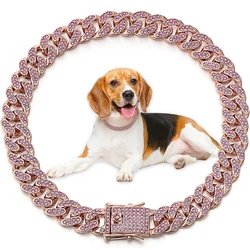 13MM Pink Diamond Personalized Dog Collars for Small Medium Dogs Cat Gold Chain Cuban Collar with Design Secure Buckle