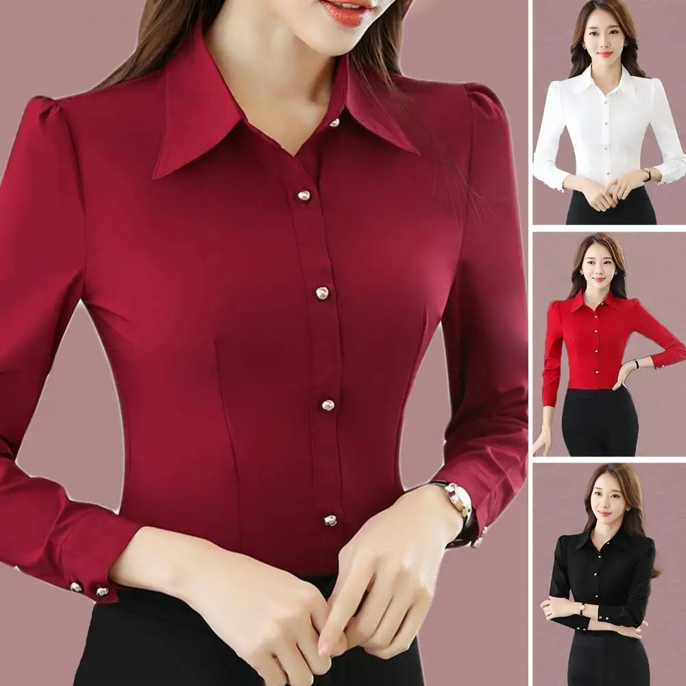 

Commute Women Shirt Slim Fit Dignified Enhance Beauty Image Blouse Polyester Solid Color Long Sleeve Formal Shirt For Workplace