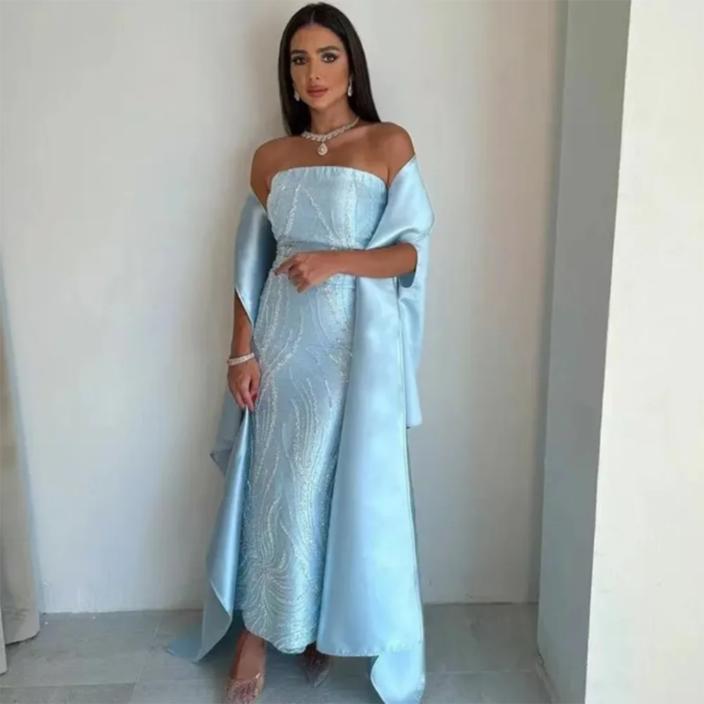 Elegant Luxury Shiny Exquisite Women Evening Dress Strapless Sleeveless Shawl Light Blue Beads Floor Length فساتين للمناسبات الر