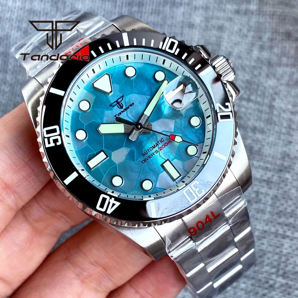 Tandorio Nh35a 40Mm Mode 20bar Heren Duik Automatisch Polshorloge Groenachtig Blauw Mop Wijzerplaat Roterende Bezel Saffier Lichtgevende Datum