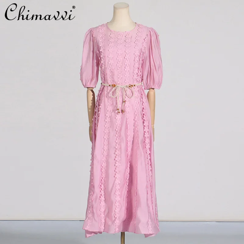 

French Elegant Court Style Heavy Industry Embroidery Mesh Round Neck Short Puff Sleeve Lace-up Loose A-line Long Dress For Women