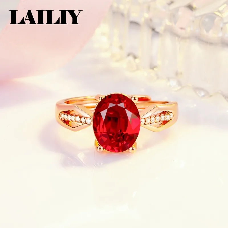 LAILIY925 Sterling Silver Rose Gold Oval Pigeon Blood Red Diamond Adjustable Ring for Women Fashion Jewelry - view 4