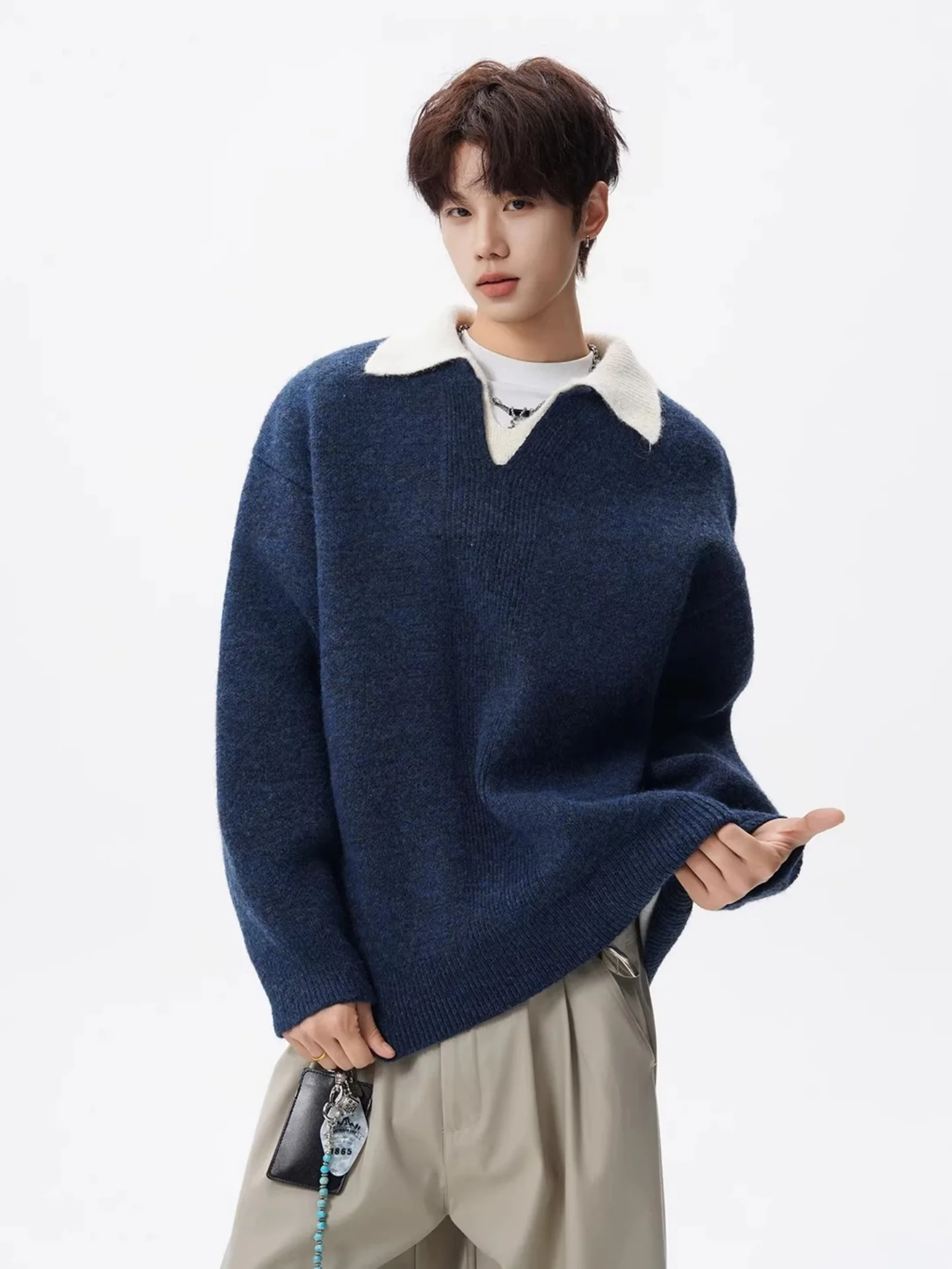 

Heavyweight Wool Blend Mo Two-Piece Knit Sweater Men's Sle Autumn Winter Trendy Lazy Knitted irt High nce Sens...