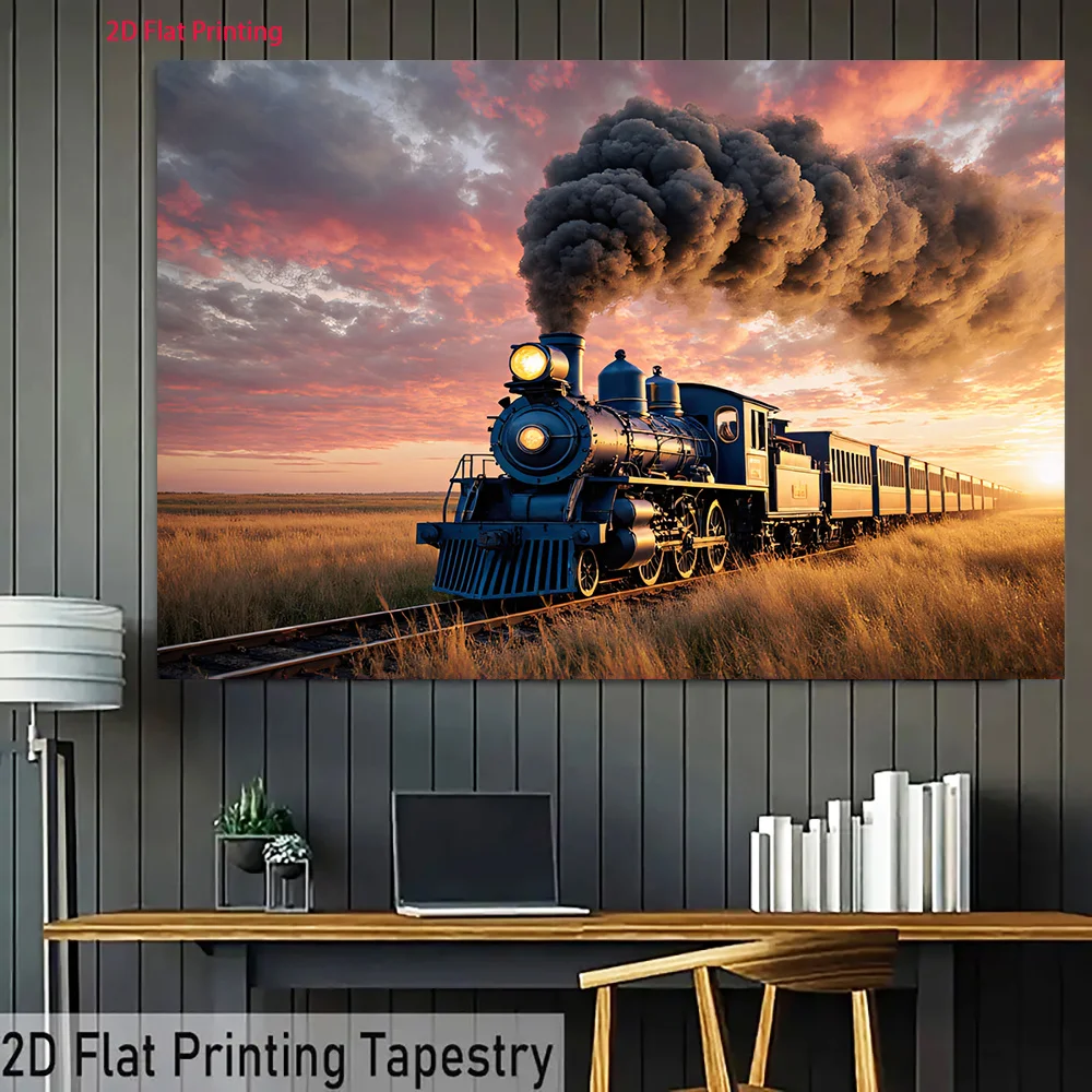 Vintage Steam Train Tapestry - Old Locomotive, Sunset Landscape, Railroad Wall Art, Retro Home Decor, Living Room Bedroom,