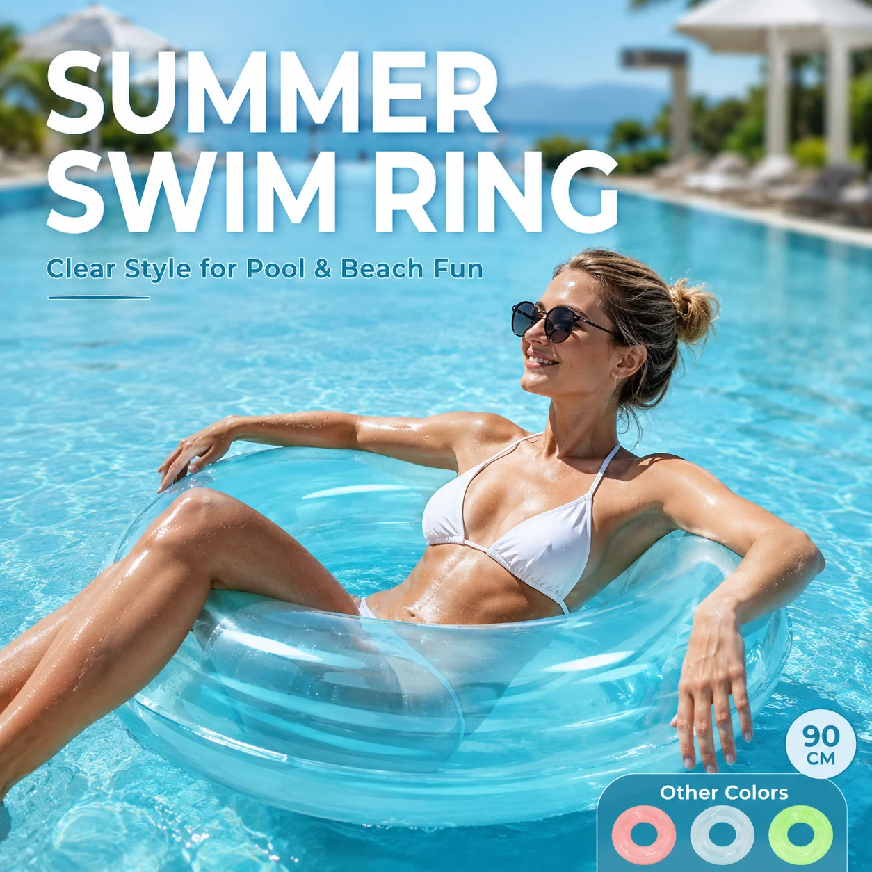 Adult PVC Swim Ring Inflatable Pool Float Tube, Transparent 90/100cm Beach Swimming Ring with Handles & Glitter