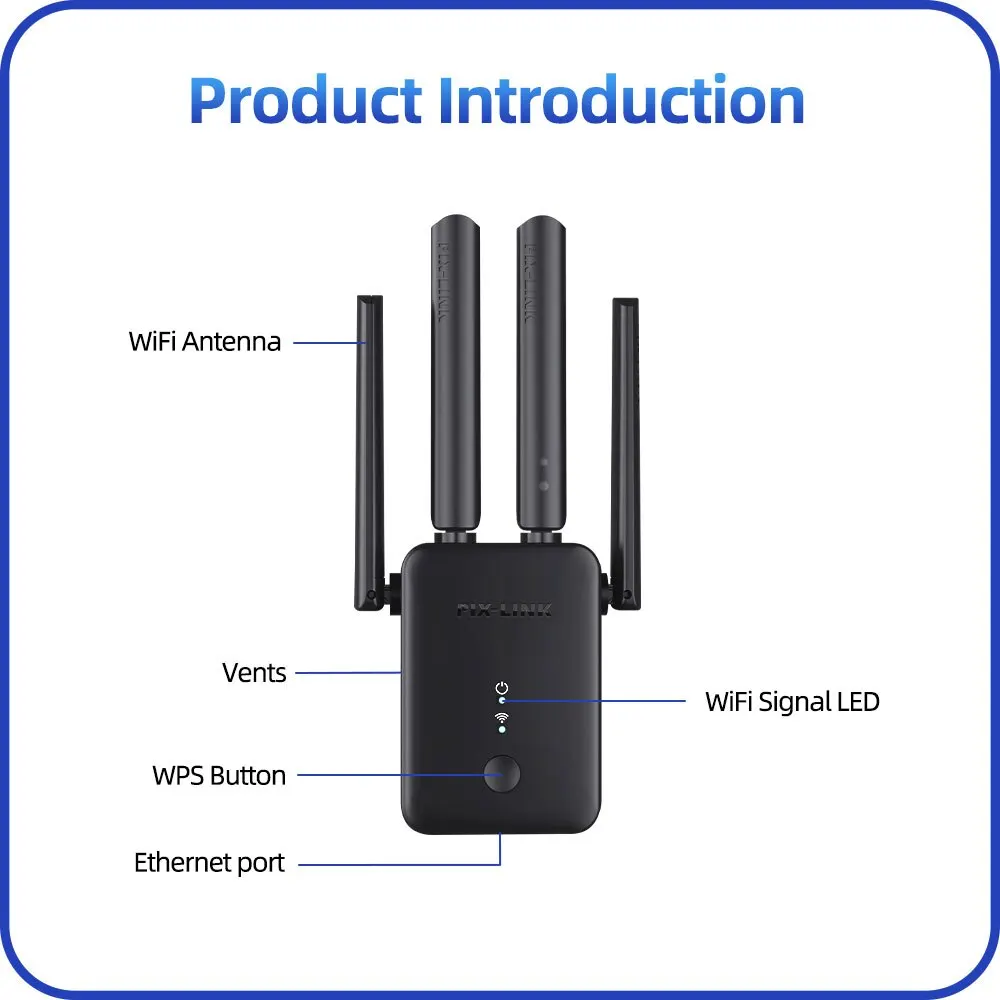 Repetidor sem fio preto interior, amplificador de sinal, extensor de antena 4 para casa, PIX-LINK WR42Q QCA9535, 300Mbps