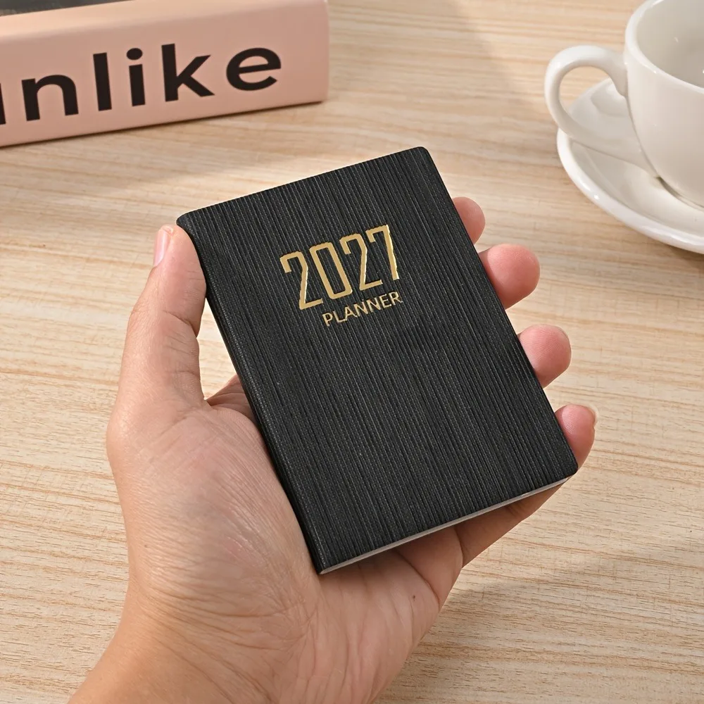 1 A7 specification 2027 English plan book, 64 128-page thin weekly calendar notebooks, 365-day daily plan calendar book, A7 mini portable pocket book schedule book, PU leather book