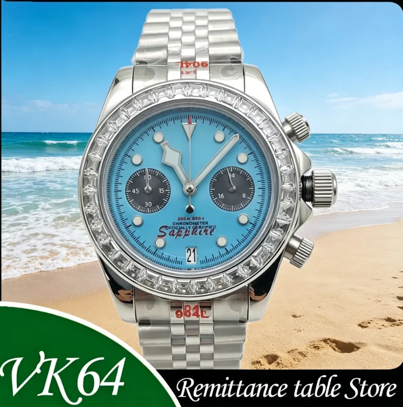 

Men's New VK64 Watch, Quartz Chronograph, Diamond Bezel, Stainless Steel and Rubber Strap, Sport Wristwatch