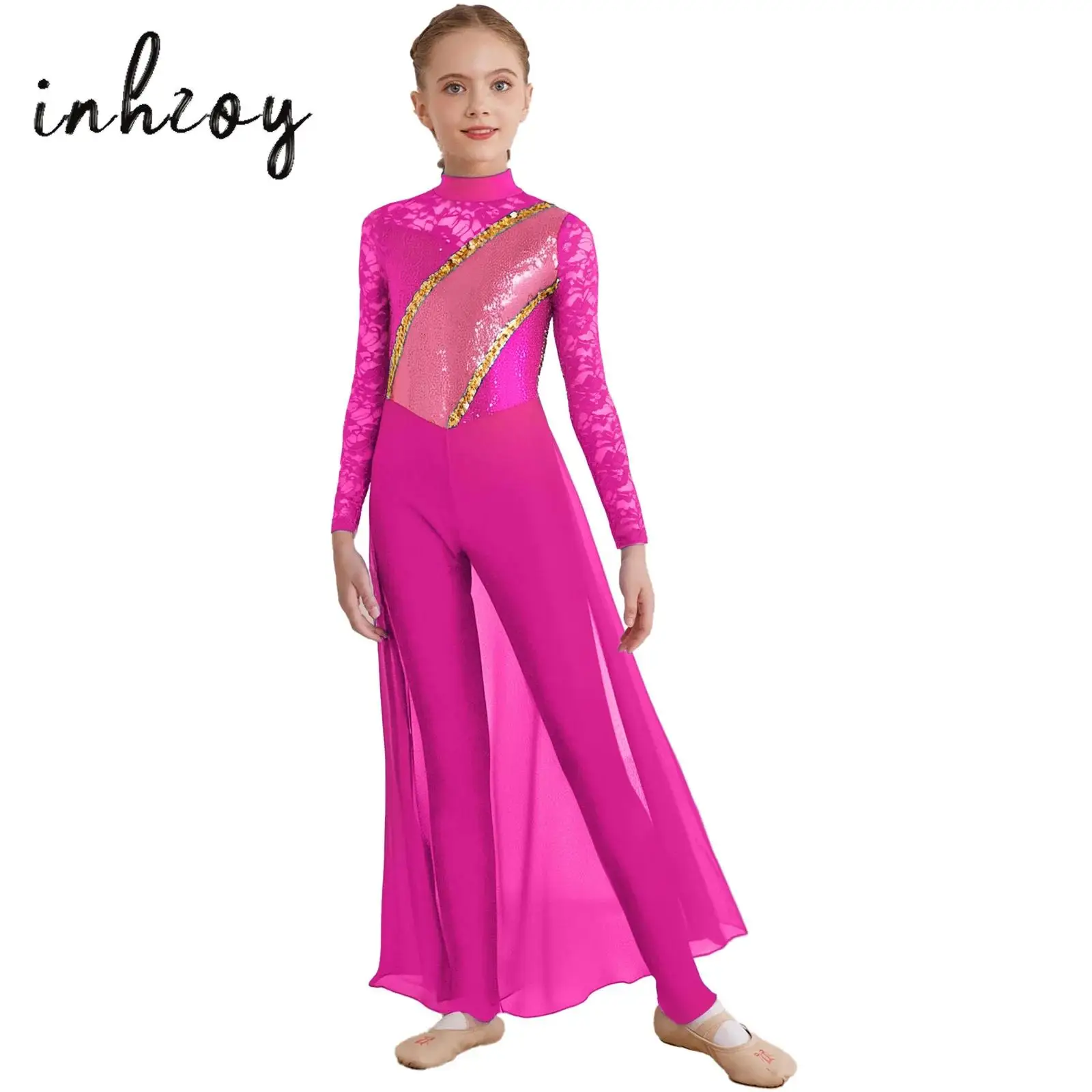

Kids Girls Gymnastics Figure Ice Skating Jumpsuit Sheer Floral Lace Long Sleeve Sequins Chiffon Skirted Unitard Lyrical Costume